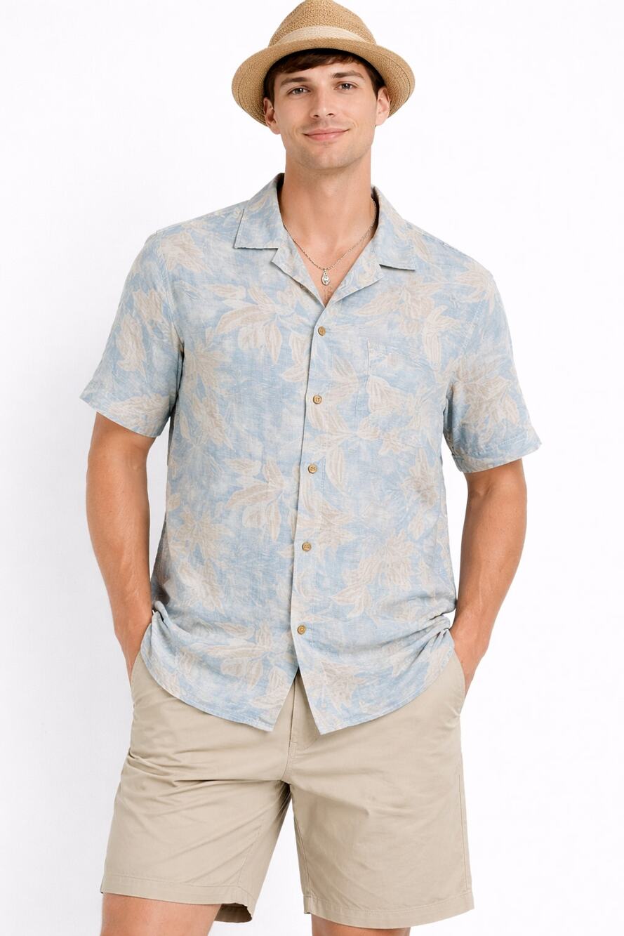 Mondo Blue Floral Linen Blend Button Up Shirt Short Sleeve Mens Size Medium New